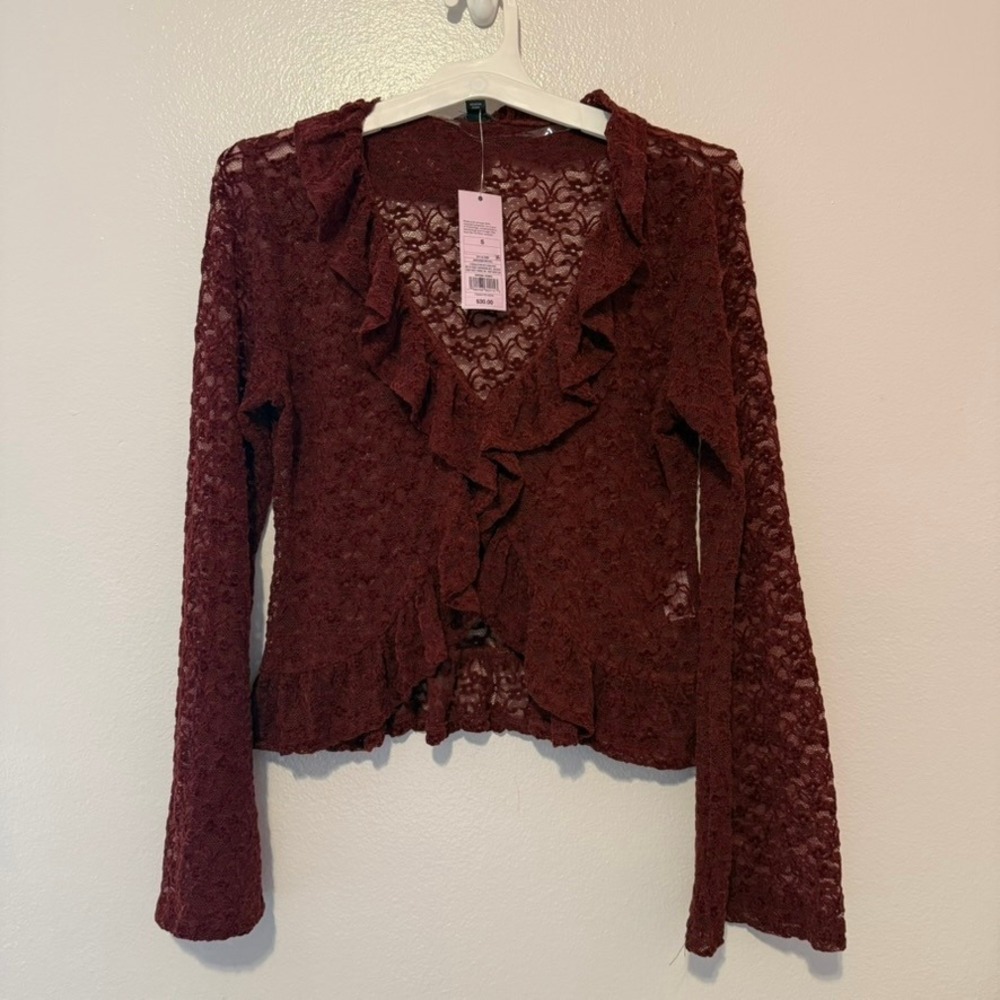 Wild Fable Burgundy Sheer Lace Ruffle V-Neck Long Sleeve Top Small NWT